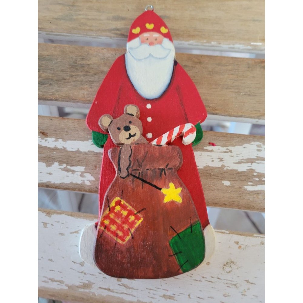 Wooden‎ vintage Santa bag ornament large Xmas holiday tree ornaments